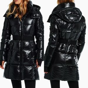SAM. Shiny Black Hooded Trench Coat